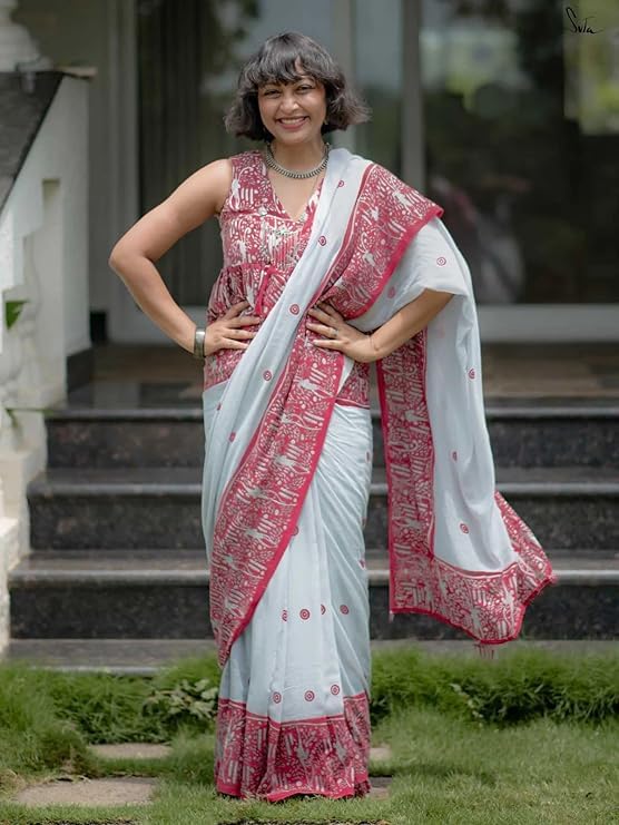 Premium white linen cotton printed saree with elegant red border and matching blouse piece