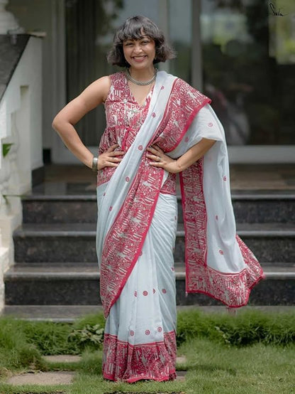 Premium white linen cotton printed saree with elegant red border and matching blouse piece