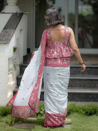 Beautiful white linen cotton saree with traditional red printed border for women