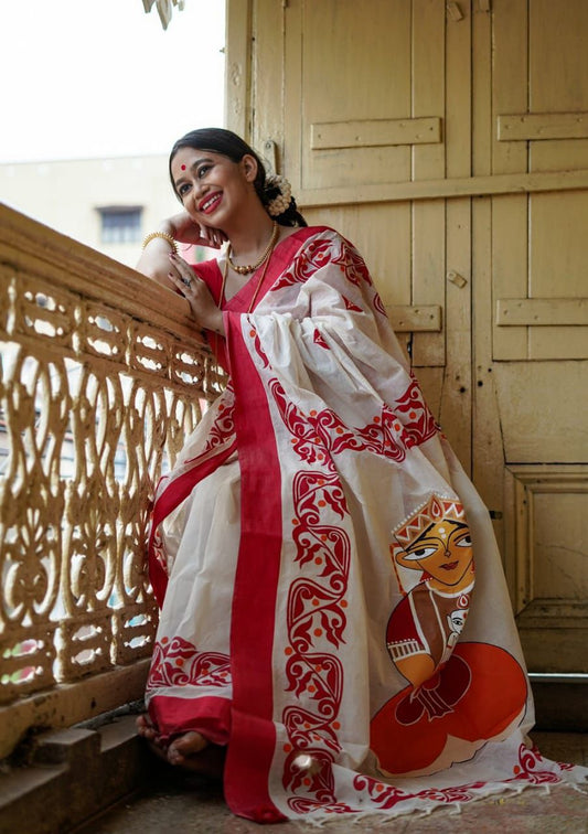 White and Red Pure Linen Cotton Saree with Ultra HD Digital Print and Handcrafted Zalar Front View