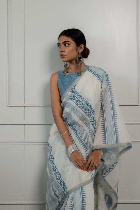 Premium white and sky blue pure linen cotton saree with elegant digital print