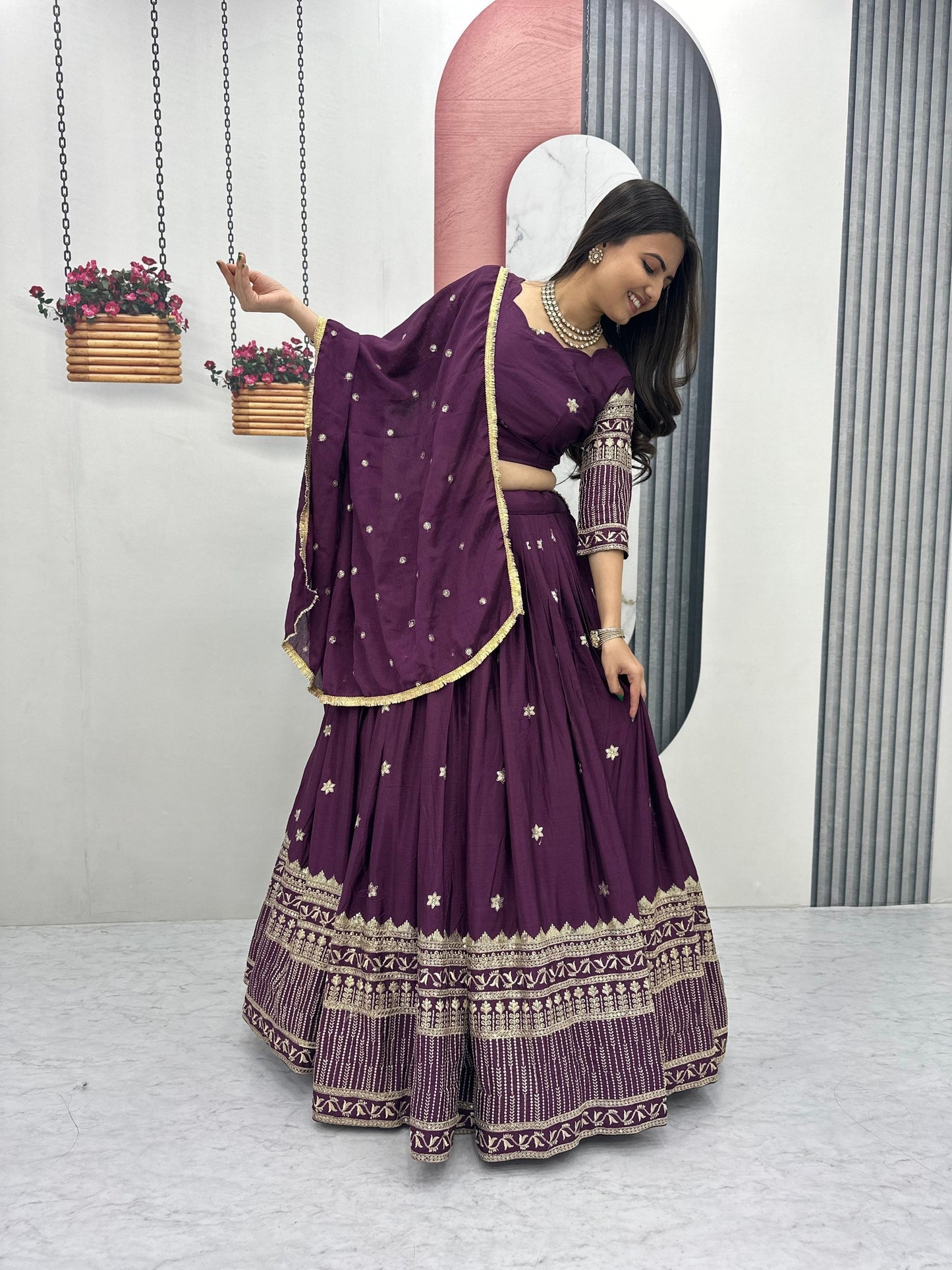 Wine Bridal Party Wear Lehenga Choli with Elegant Embroidery and Dupatta