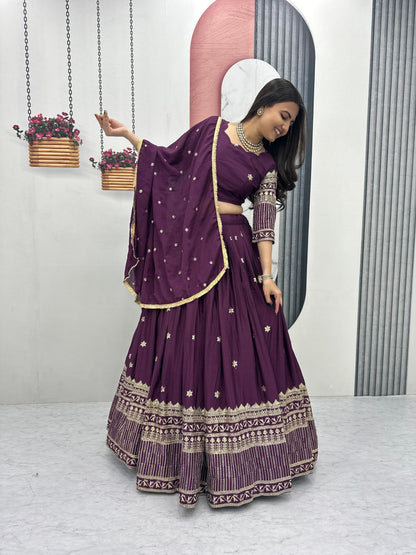 Wine Bridal Party Wear Lehenga Choli with Elegant Embroidery and Dupatta