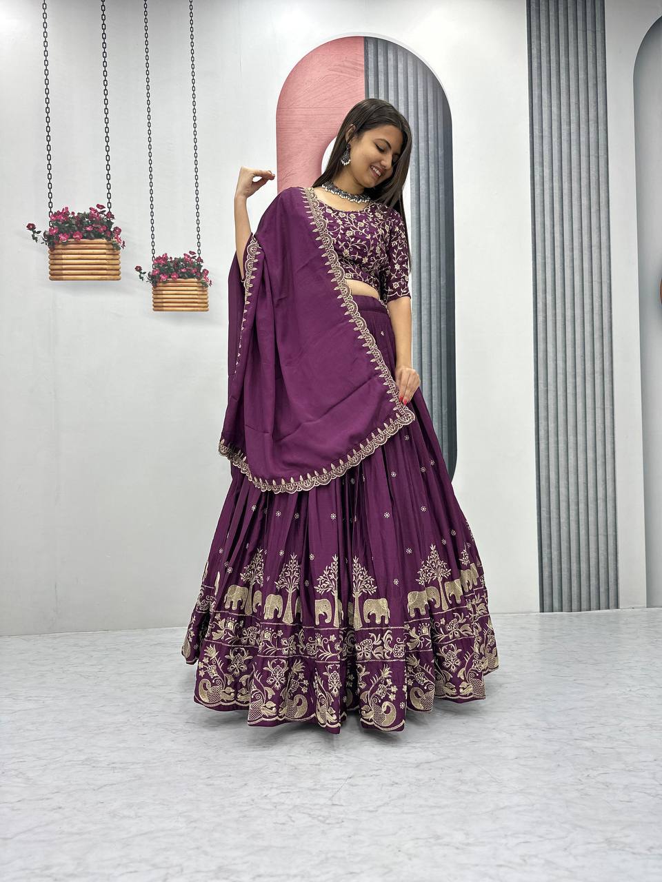 Wine Color Chinon Silk Lehenga Choli with Heavy Embroidery Work and Dupatta