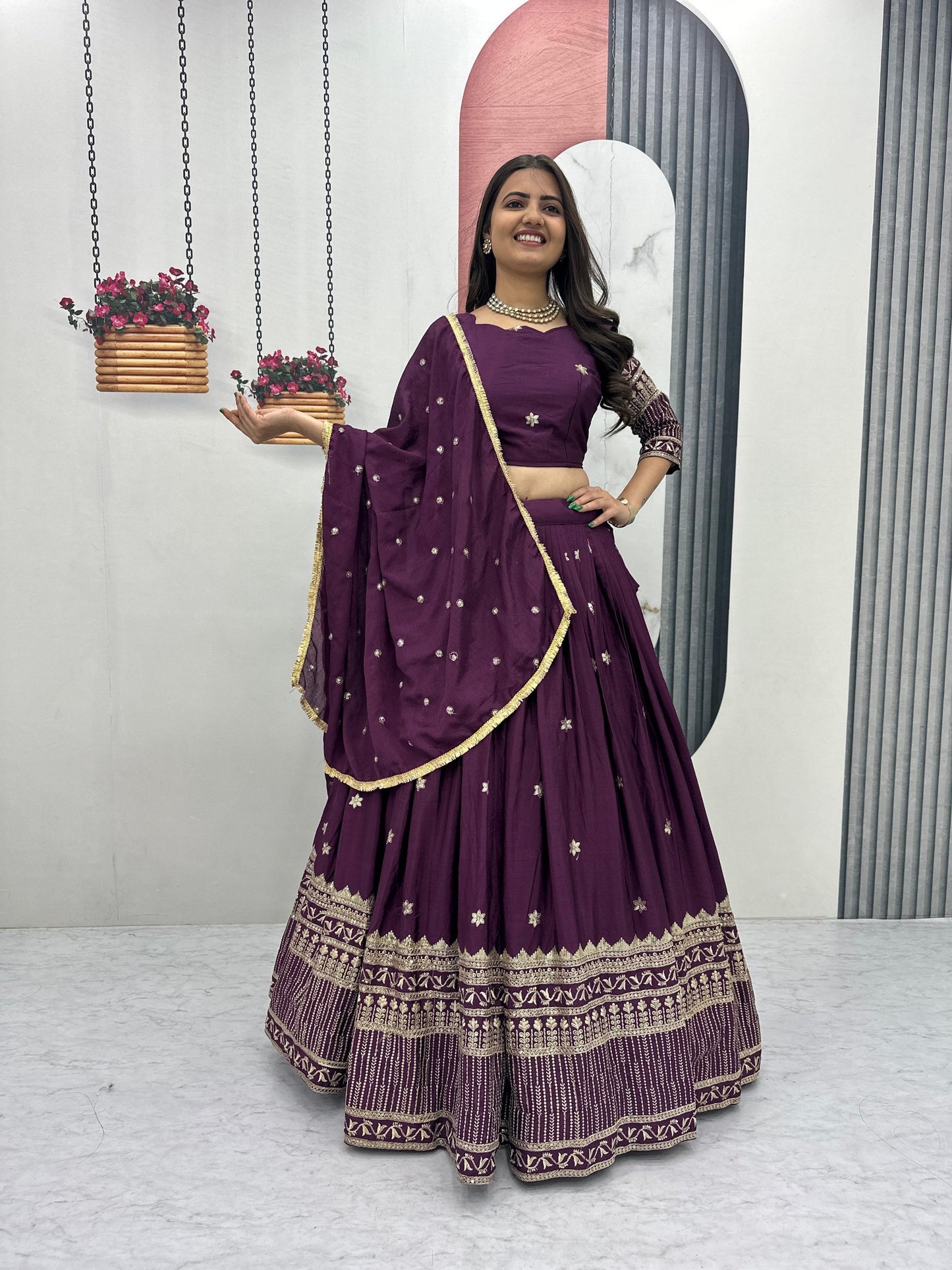 Designer Wine Embroidered Silk Lehenga Choli for Wedding and Reception Wear