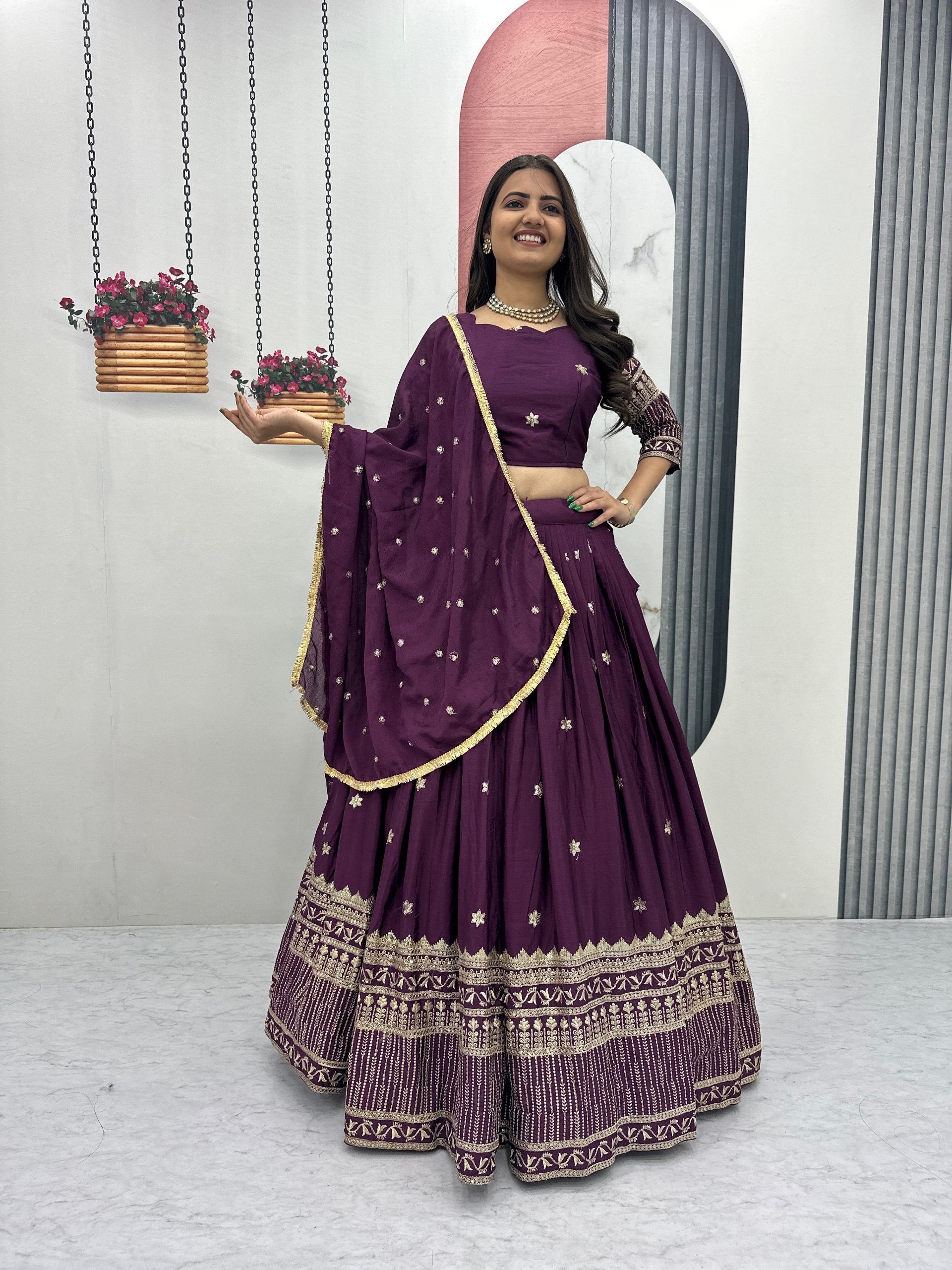 Designer Wine Embroidered Silk Lehenga Choli for Wedding and Reception Wear