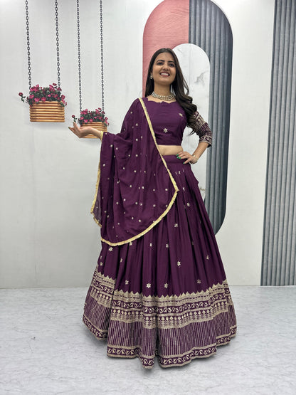 Designer Wine Embroidered Silk Lehenga Choli for Wedding and Reception Wear