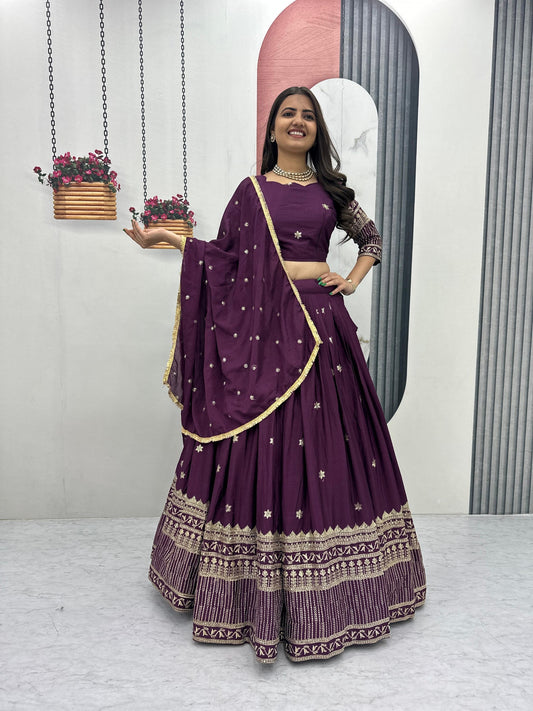Designer Wine Embroidered Silk Lehenga Choli for Wedding and Reception Wear
