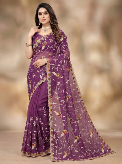 Wine Designer Net Saree with Peacock Thread Embroidery