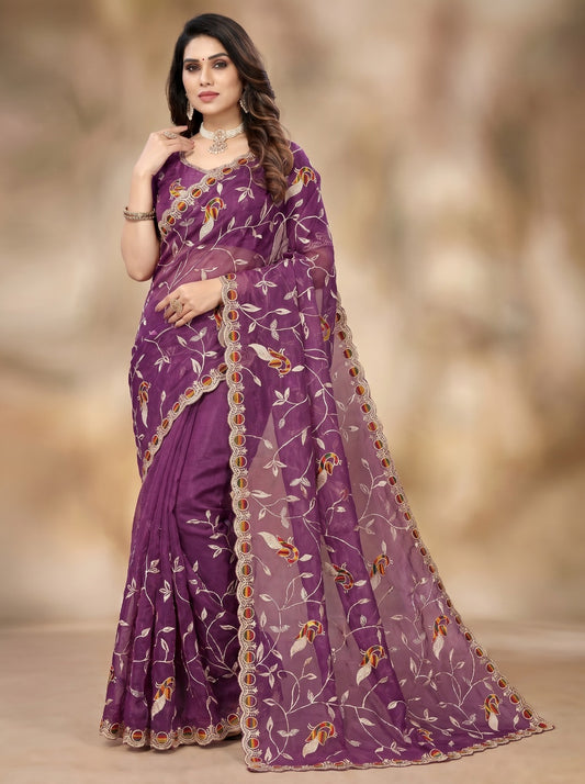 Wine Designer Net Saree with Peacock Thread Embroidery