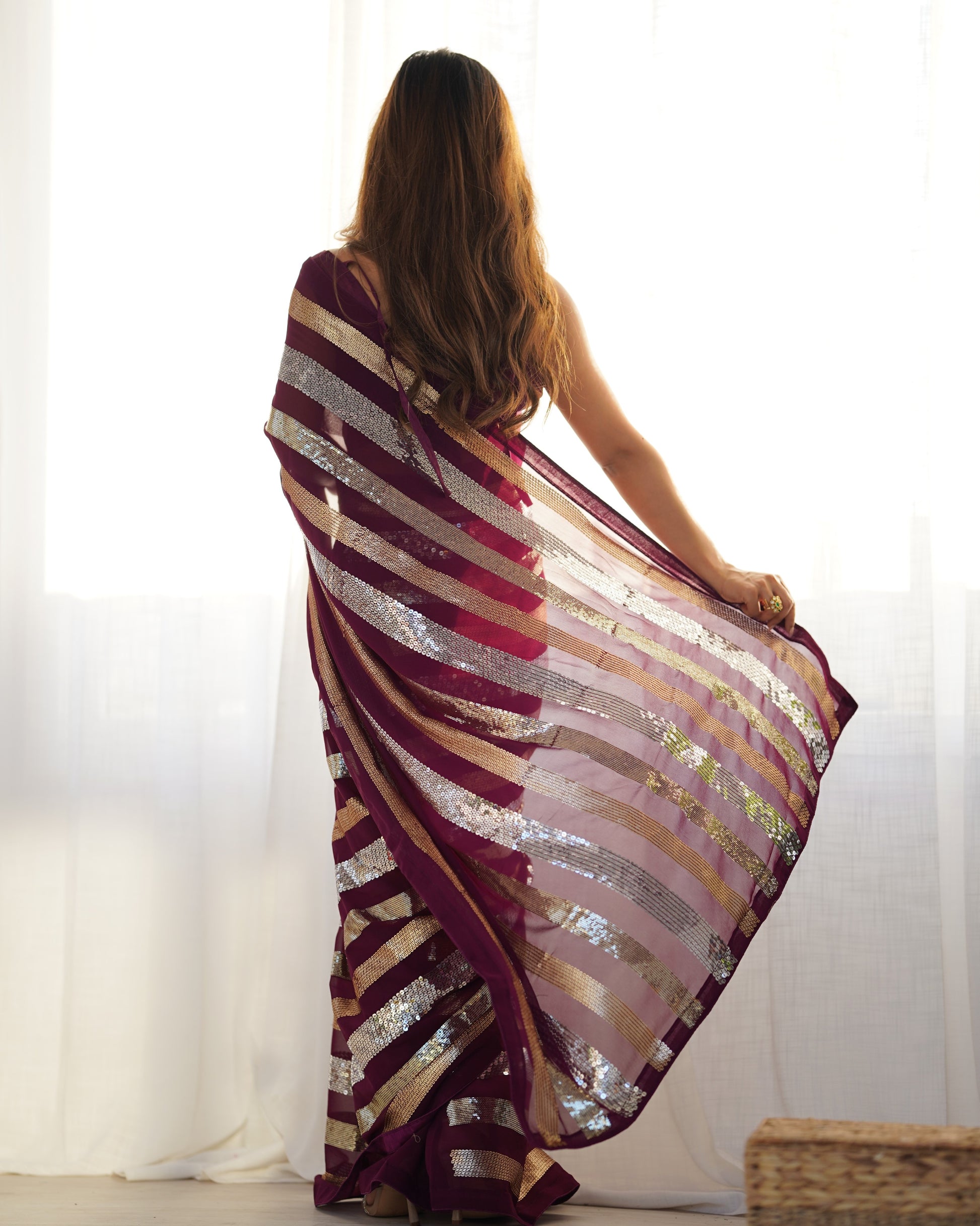 Wine embroidered heavy georgette saree with unstitched blouse