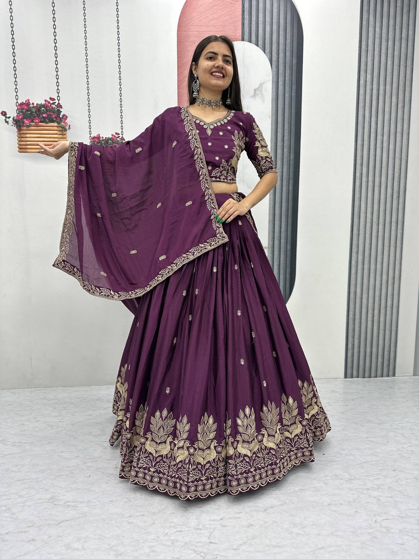 Wine Embroidered Lehenga Choli with Matching Dupatta for Wedding and Festive Wear