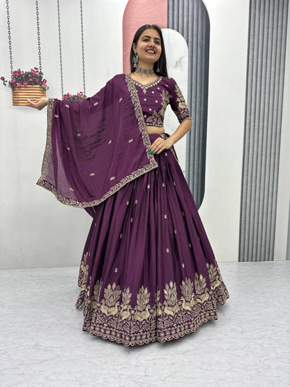 Wine Embroidered Lehenga Choli with Matching Dupatta for Wedding and Festive Wear