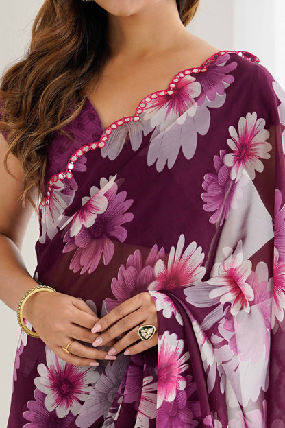 Women's wine designer georgette silk floral printed saree with unstitched blouse piece