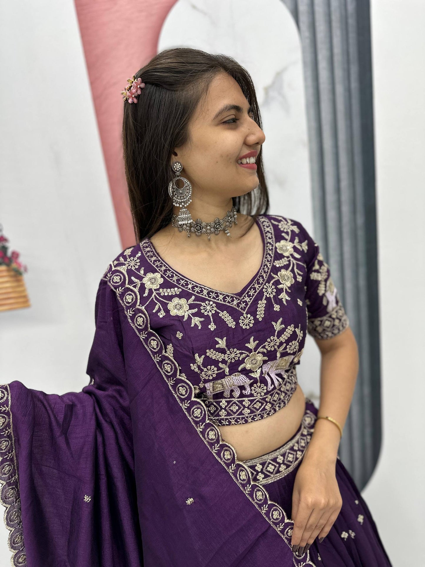 Heavy Embroidered Wine Color Pure Chinon Lehenga for Wedding and Festive Wear