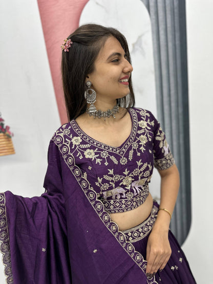 Heavy Embroidered Wine Color Pure Chinon Lehenga for Wedding and Festive Wear