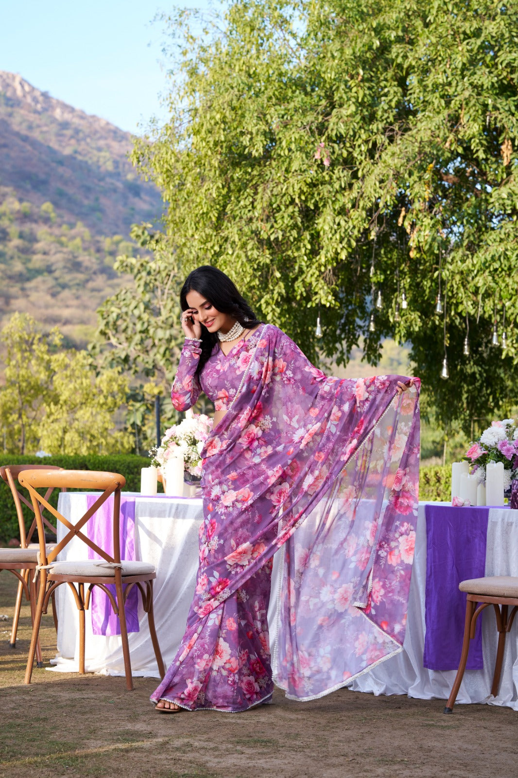 Elegant wine floral printed soft georgette party wear saree for women
