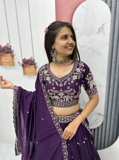 Wine Color Party Wear Pure Chinon Lehenga Choli with Embroidered Dupatta