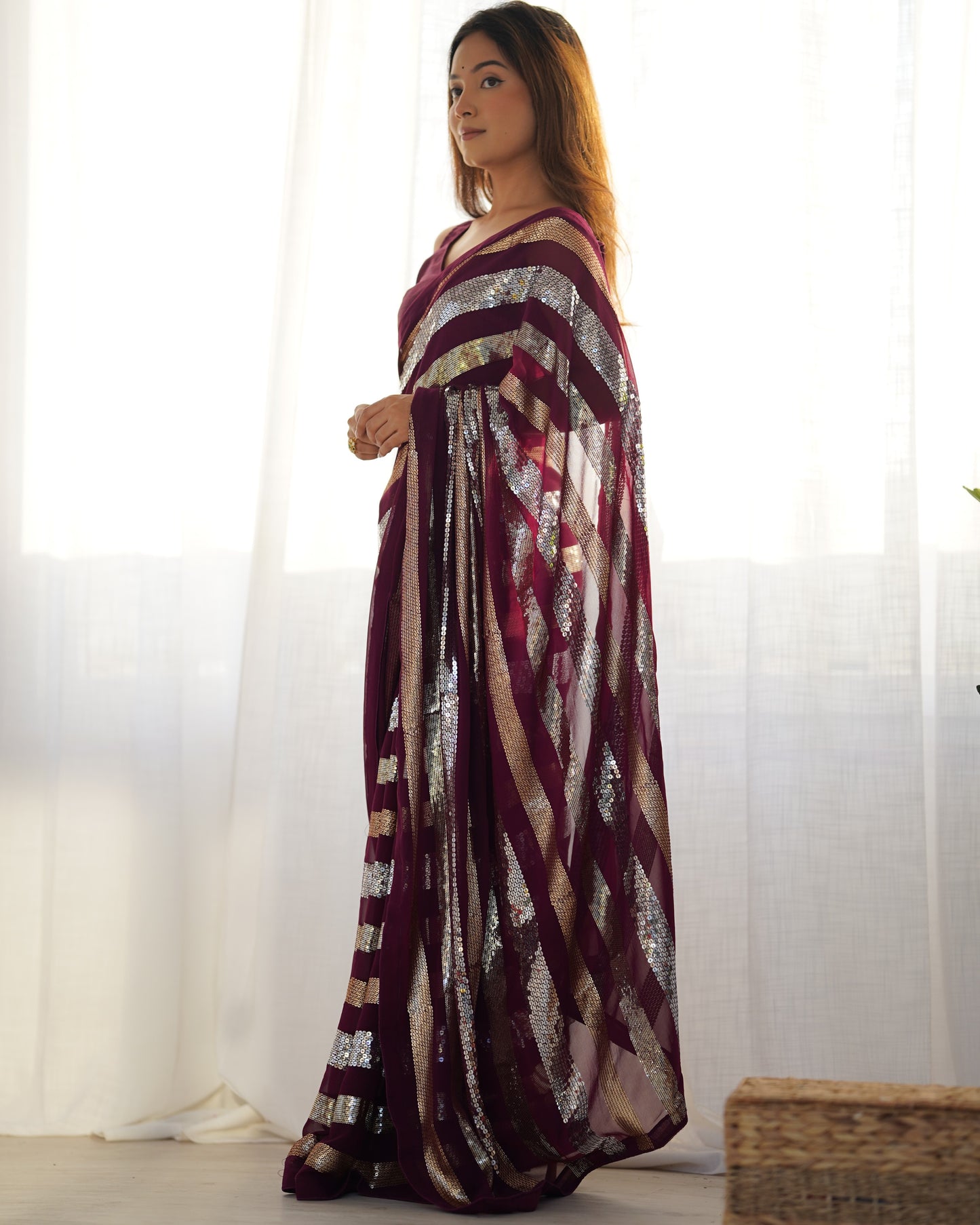 Elegant wine party wear georgette saree with designer sequin work