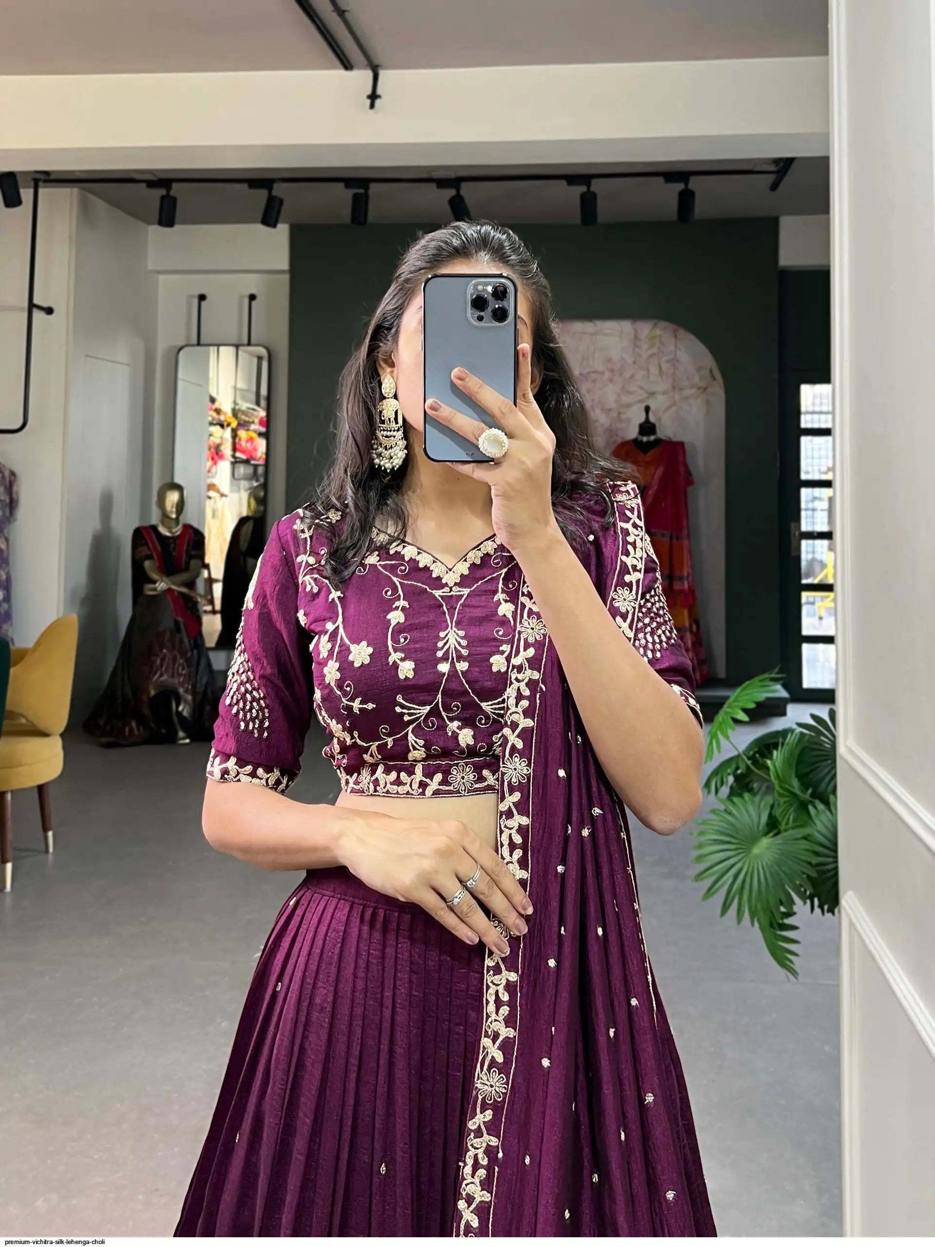 Wine Silk Party Wear Lehenga Choli with Embroidered Dupatta for Reception and Sangeet