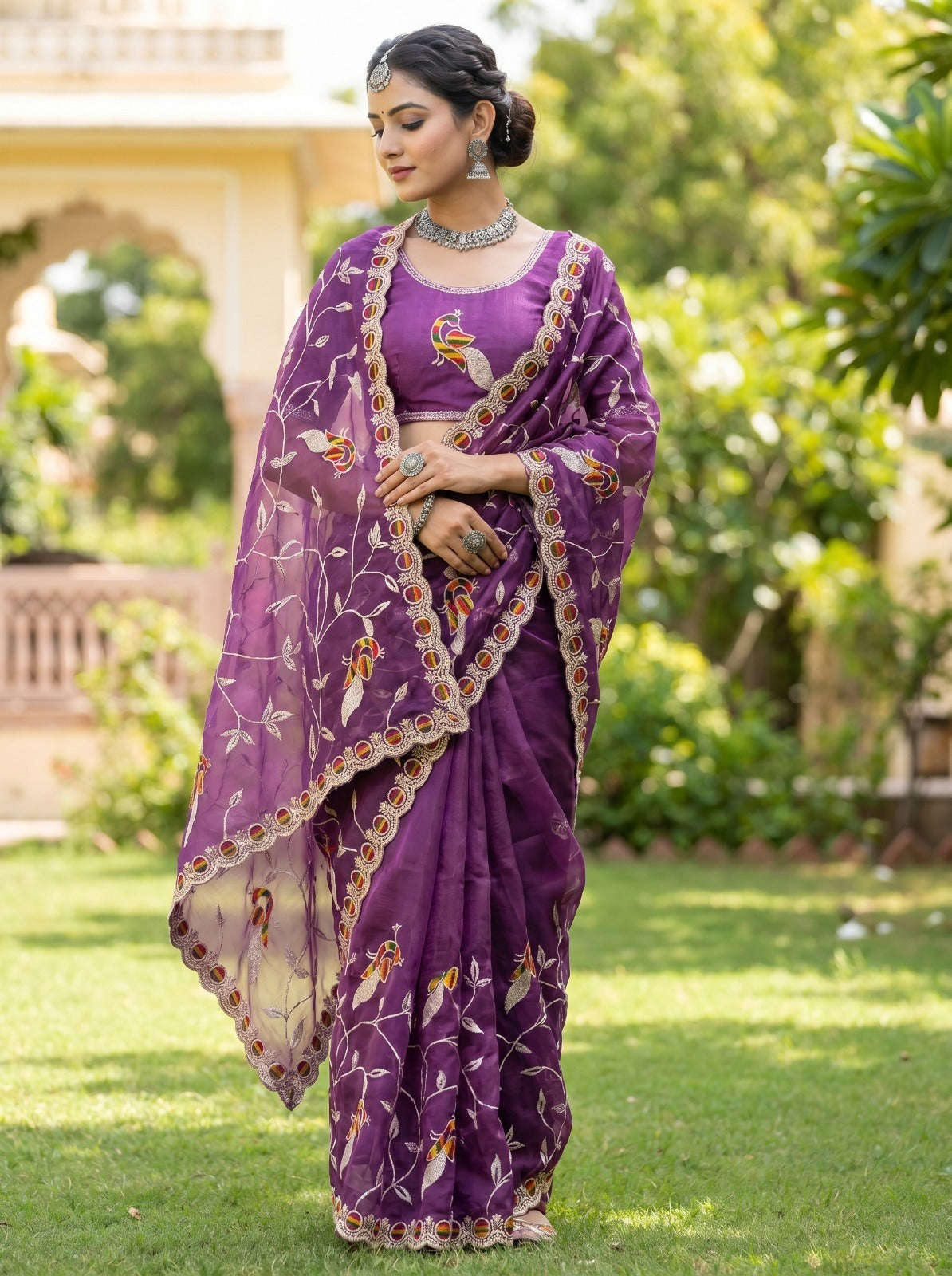 Wine Peacock Embroidered Net Saree for Wedding & Party Wear