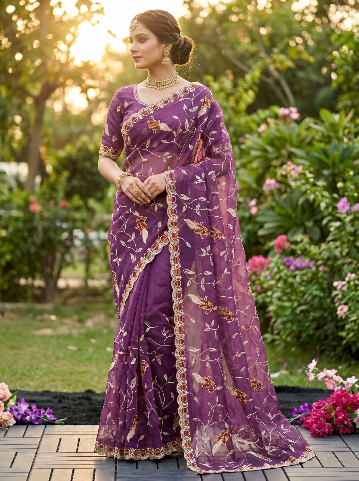Premium Wine Net Saree with Peacock Embroidery and Designer Border