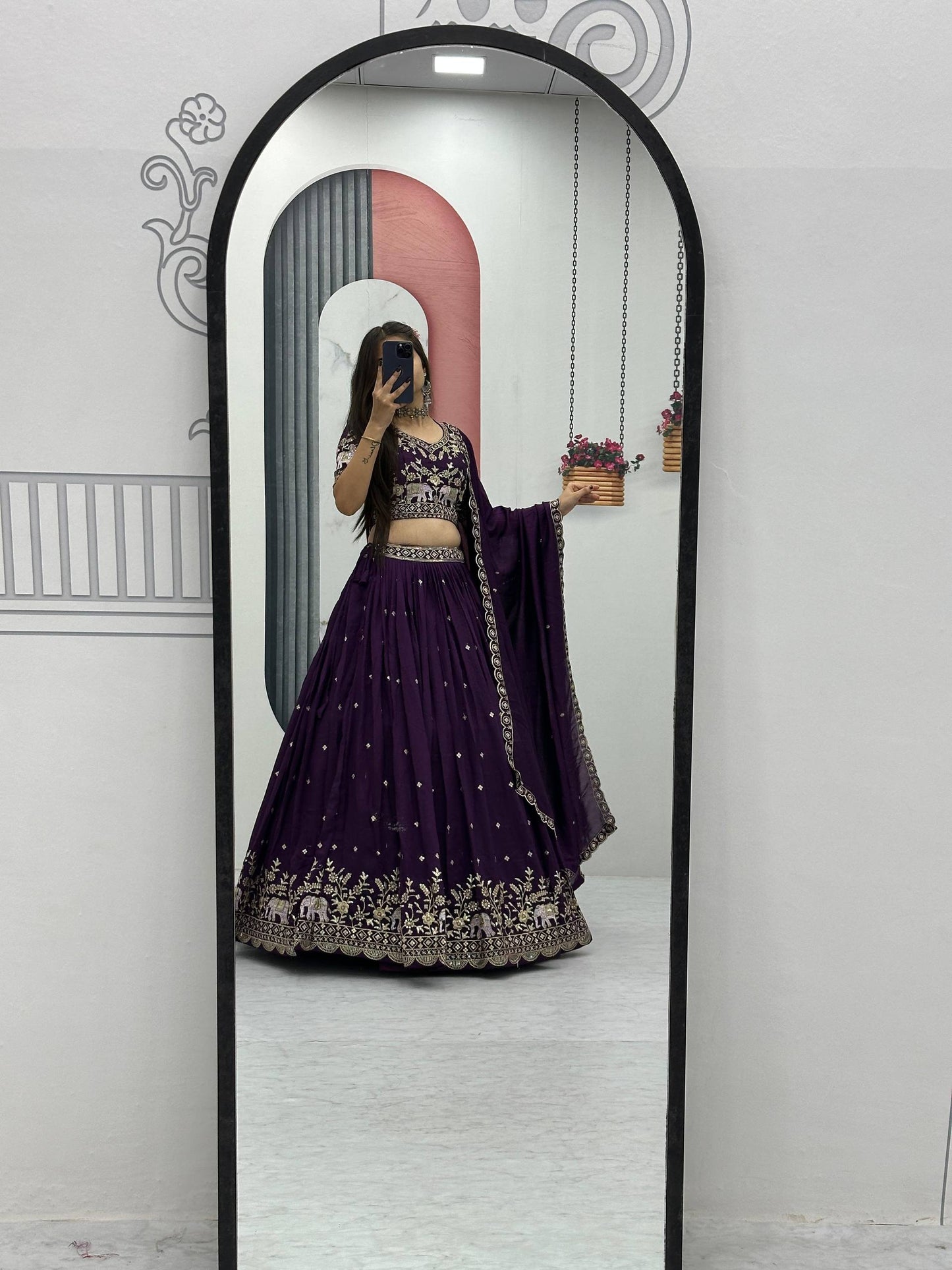 Wine Color Pure Chinon Lehenga Choli with Heavy Embroidery Work and Dupatta