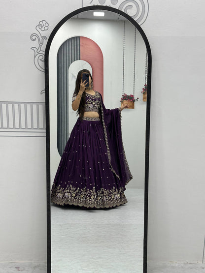 Wine Color Pure Chinon Lehenga Choli with Heavy Embroidery Work and Dupatta