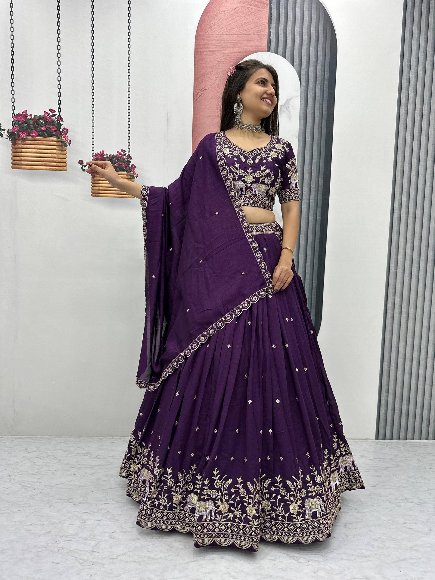 wine Party Wear Pure Chinon Lehenga Choli with Matching Dupatta