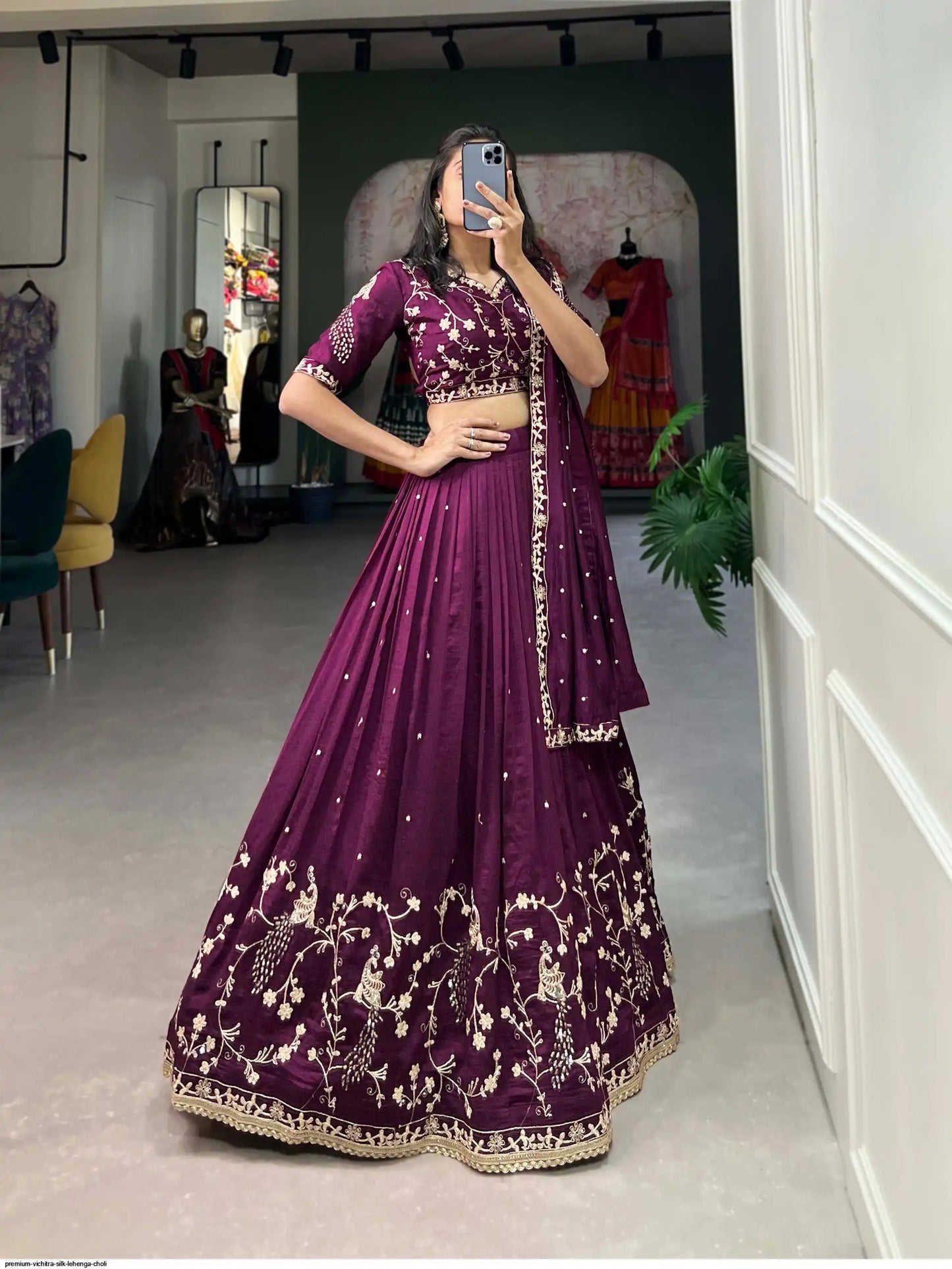 Wine Silk Embroidered Lehenga Choli with Matching Dupatta for Wedding and Festive Wear