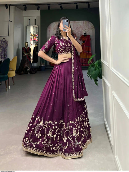 Wine Silk Embroidered Lehenga Choli with Matching Dupatta for Wedding and Festive Wear