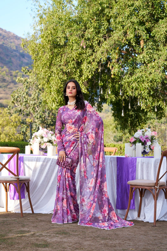 Wine soft georgette floral printed saree with designer moti lace border