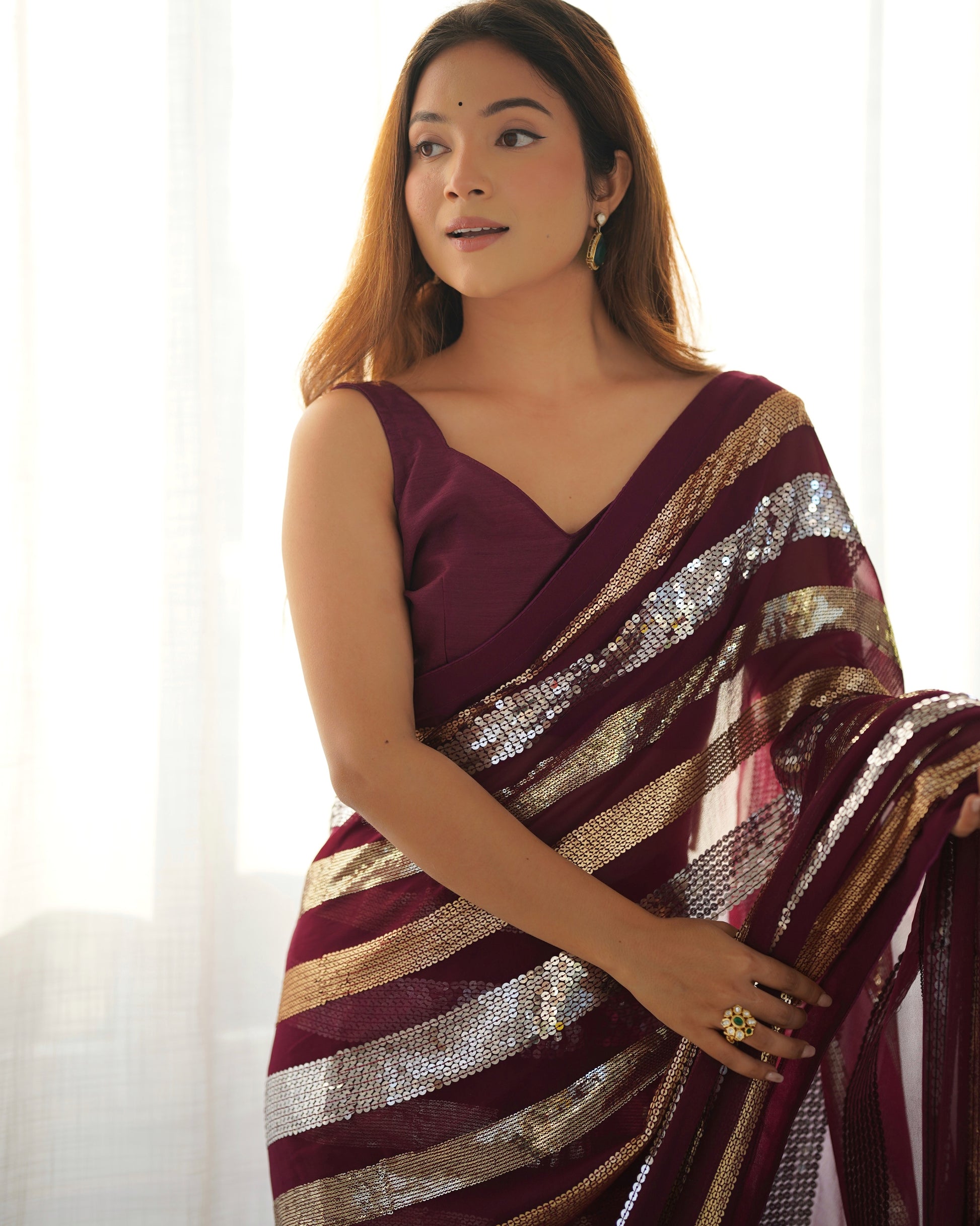 Premium wine designer georgette saree for wedding, reception and party wear