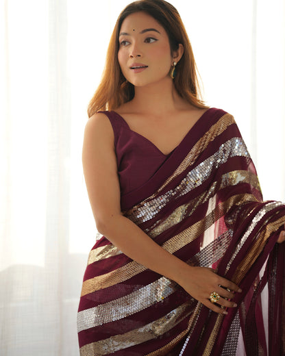 Premium wine designer georgette saree for wedding, reception and party wear